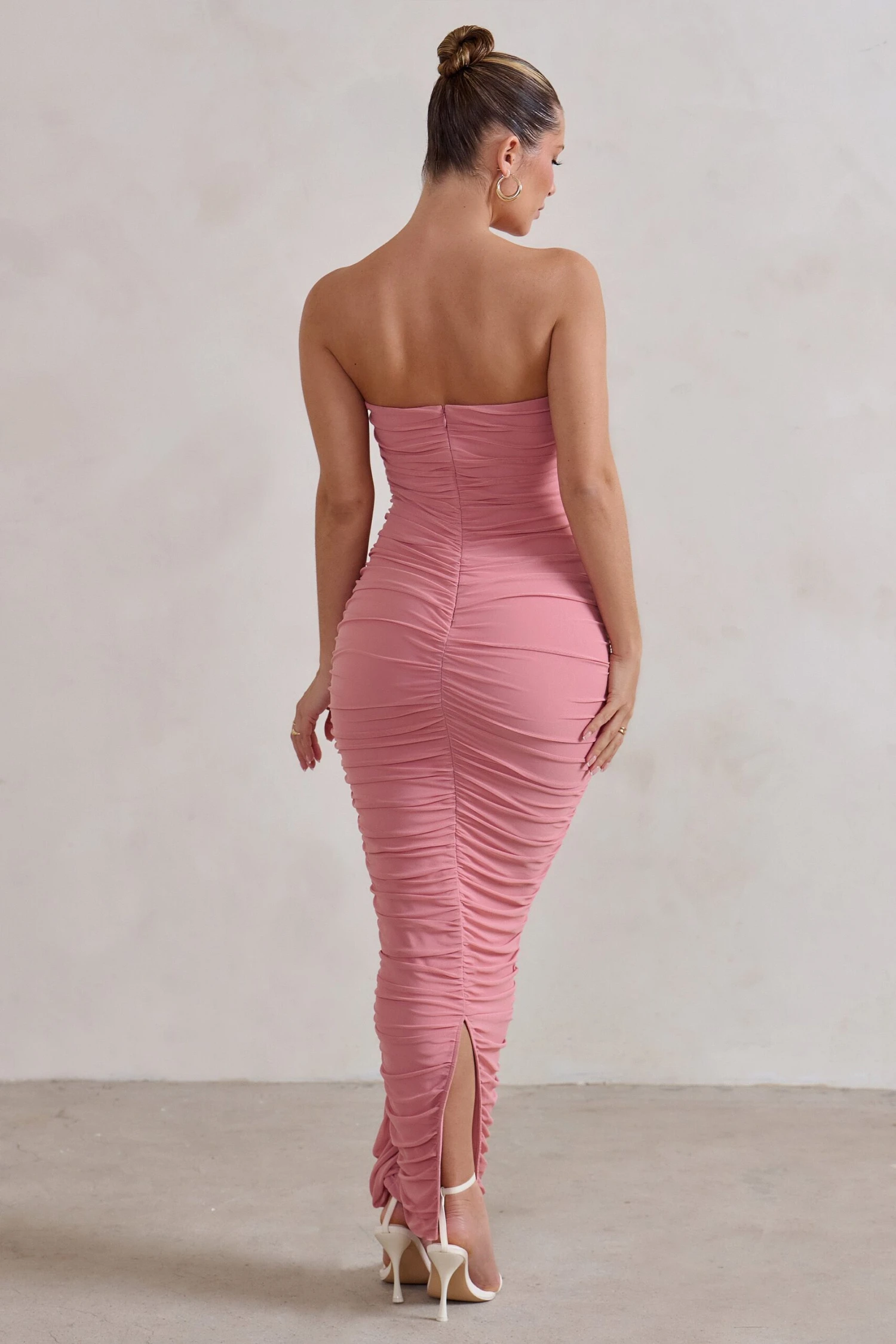 My Lady | Powder Pink Strapless Bodycon Ruched Mesh Maxi Dress - Image 2