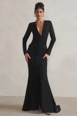 Reba | Black Plunge Long Sleeve Structured Maxi Dress With Front Split