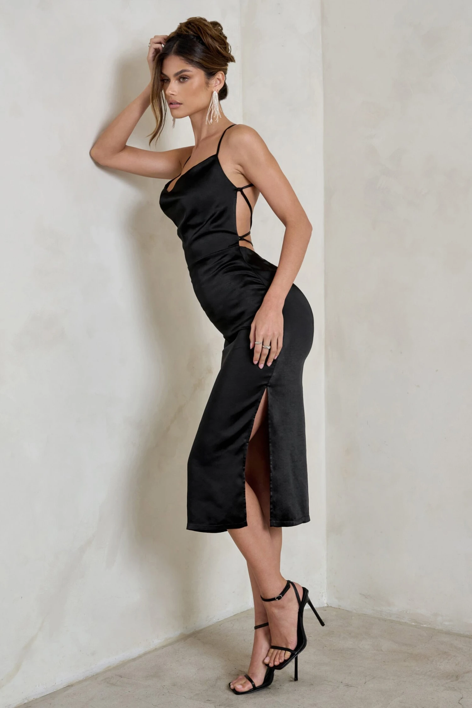 Aja | Black Cowl Cami Midi Dress With Waist Tie - Image 5