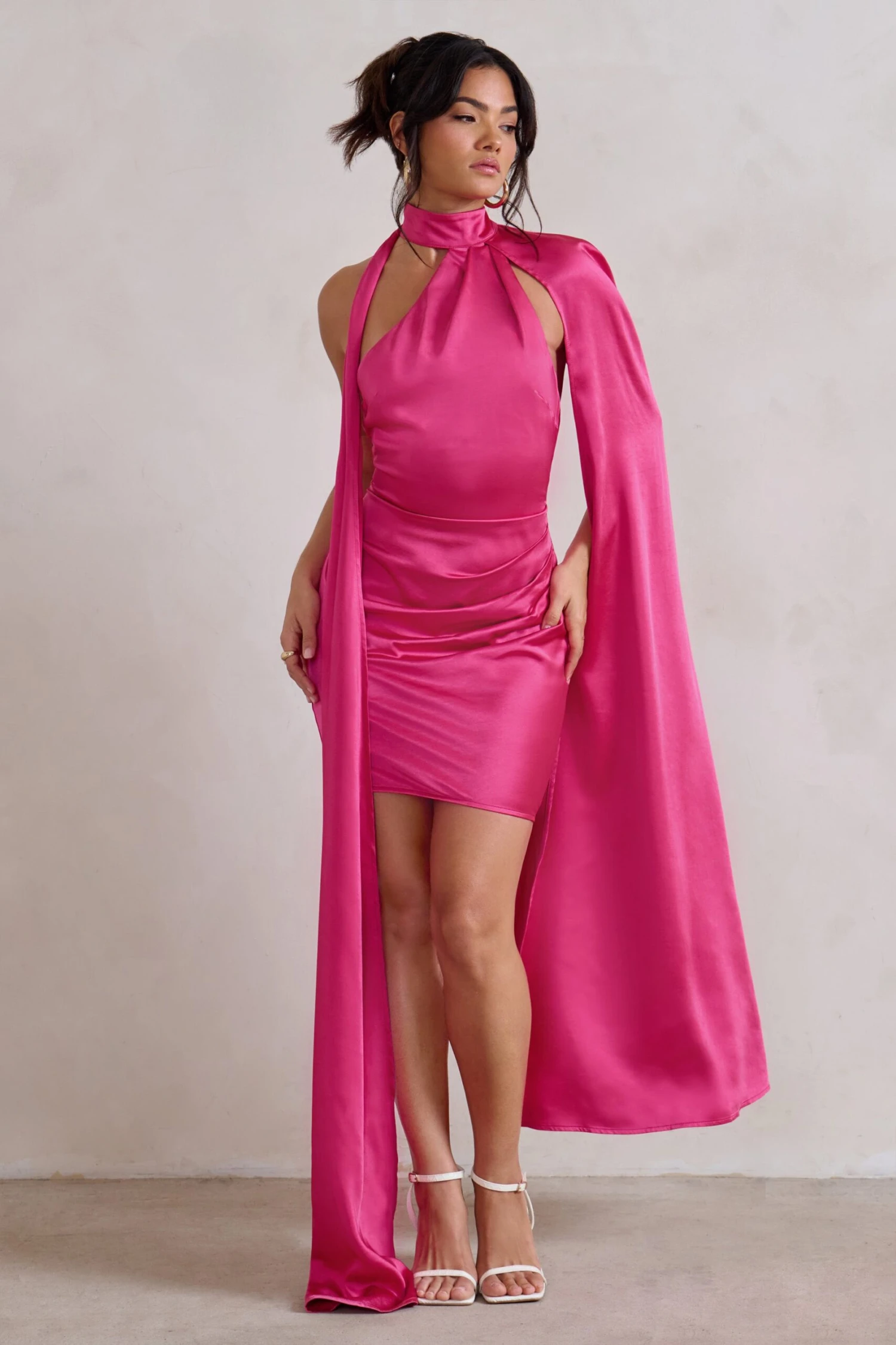 Laurelie | Hot Pink Satin Statement Cape Design Mini Dress - Image 4