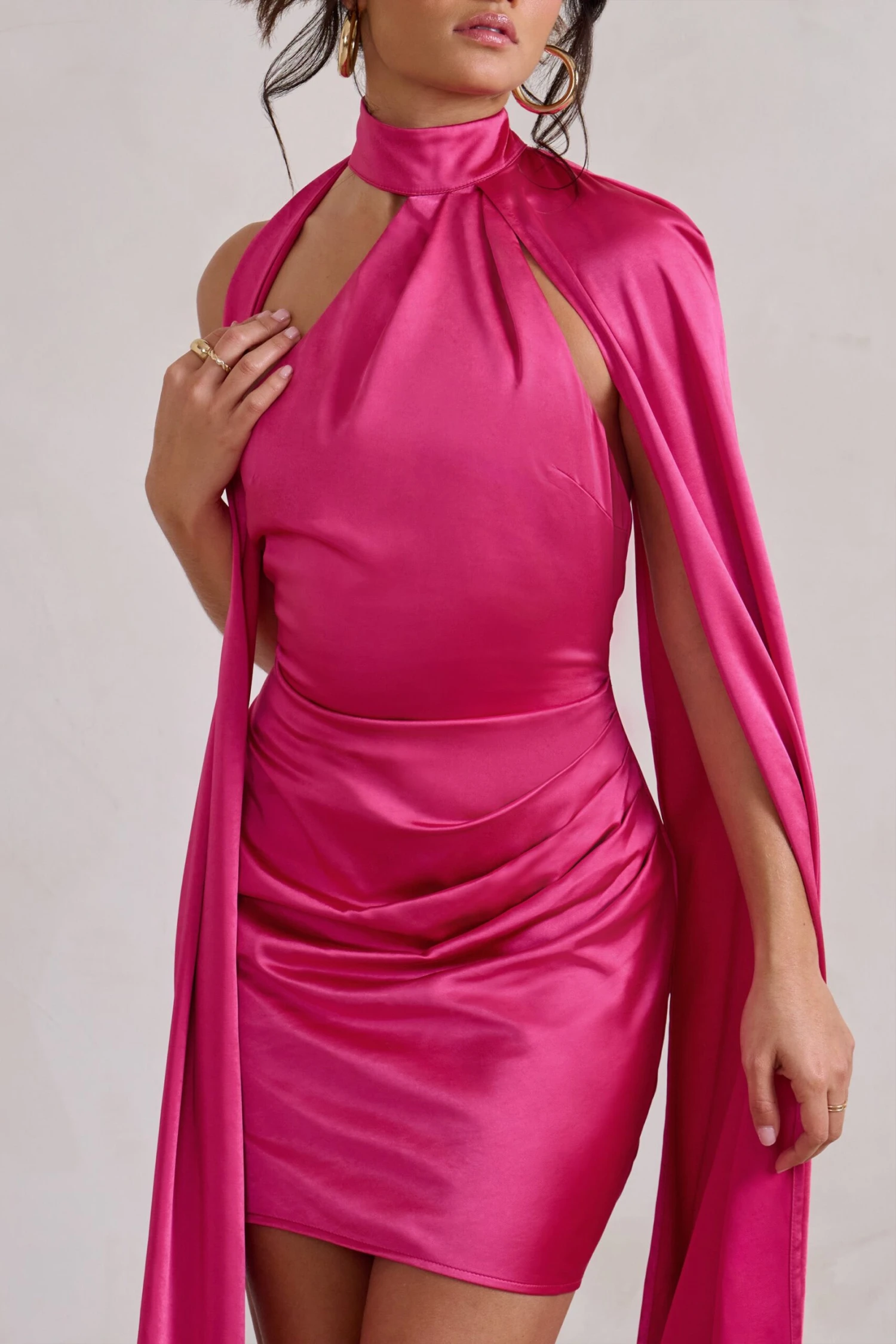 Laurelie | Hot Pink Satin Statement Cape Design Mini Dress - Image 6