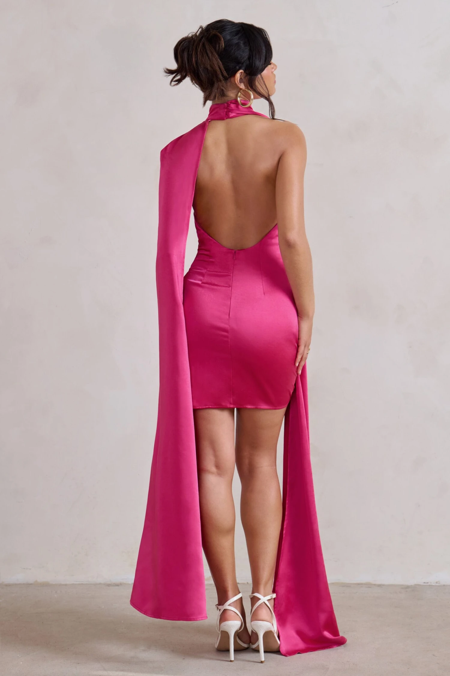 Laurelie | Hot Pink Satin Statement Cape Design Mini Dress - Image 2