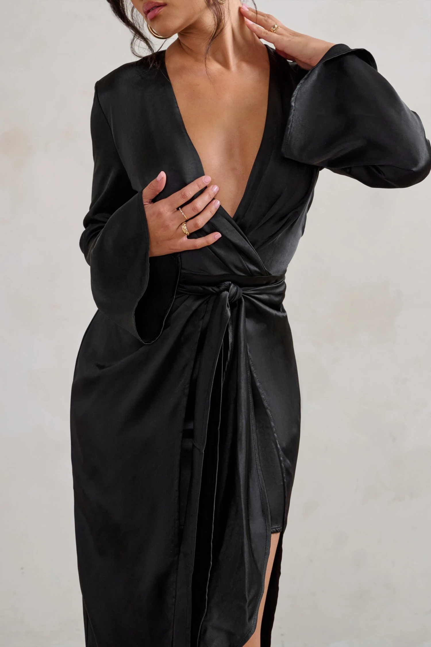 Patricia | Black Extreme Plunge Long Sleeve Maxi Dress With Tie Detail - Image 3