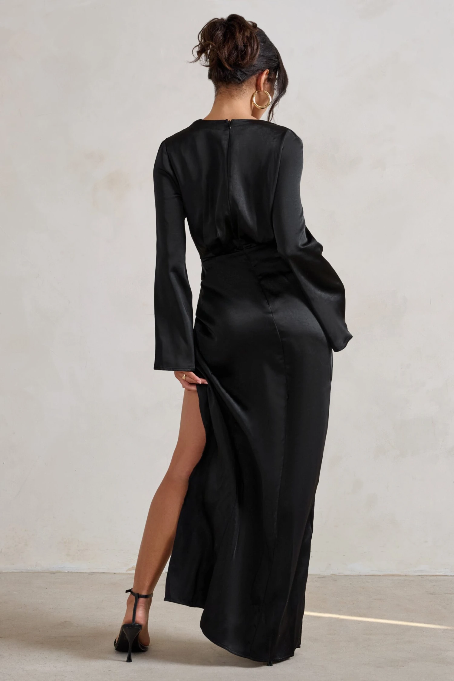 Patricia | Black Extreme Plunge Long Sleeve Maxi Dress With Tie Detail - Image 2