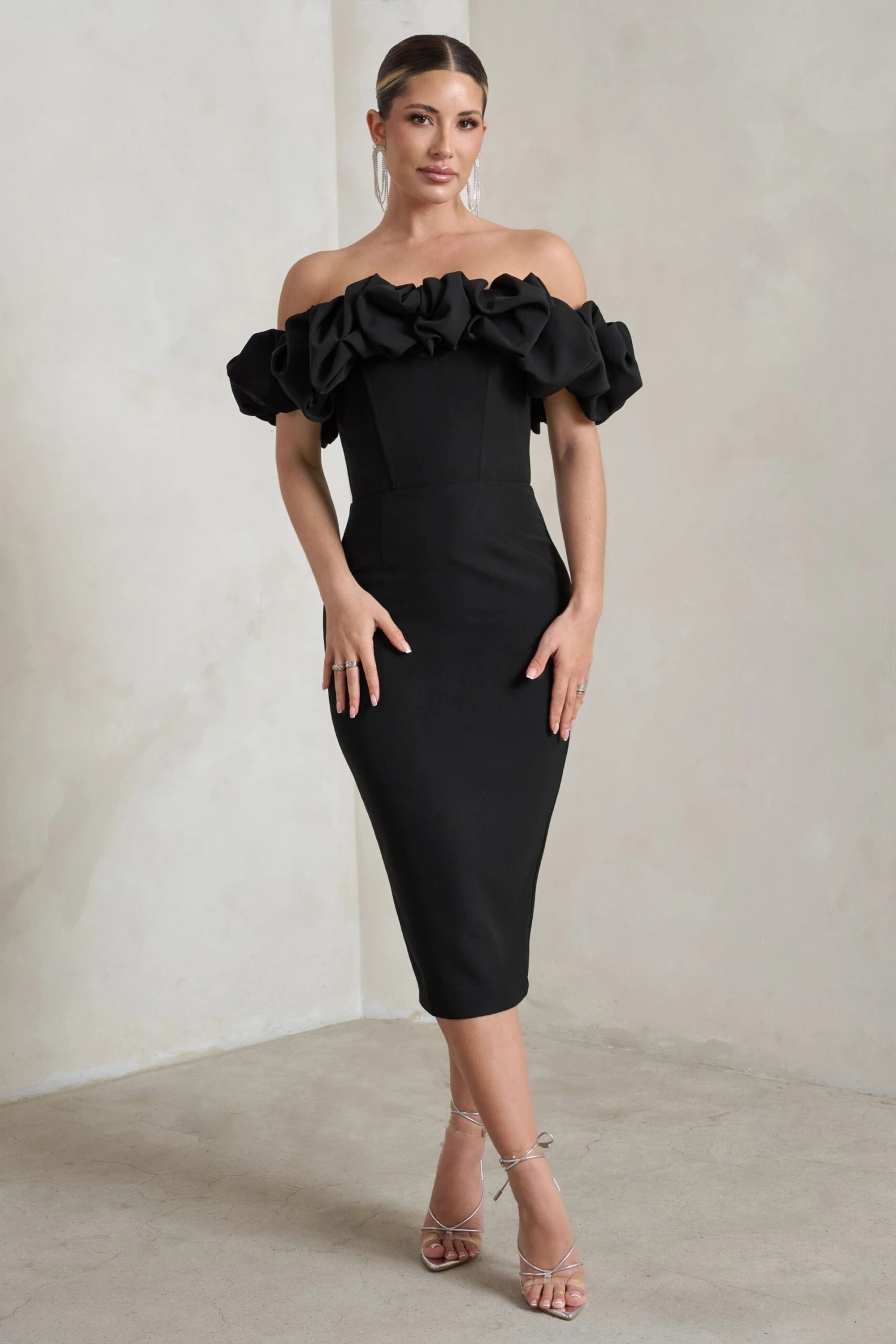 Estie | Black Structured Statement Bardot Midi Dress - Image 4