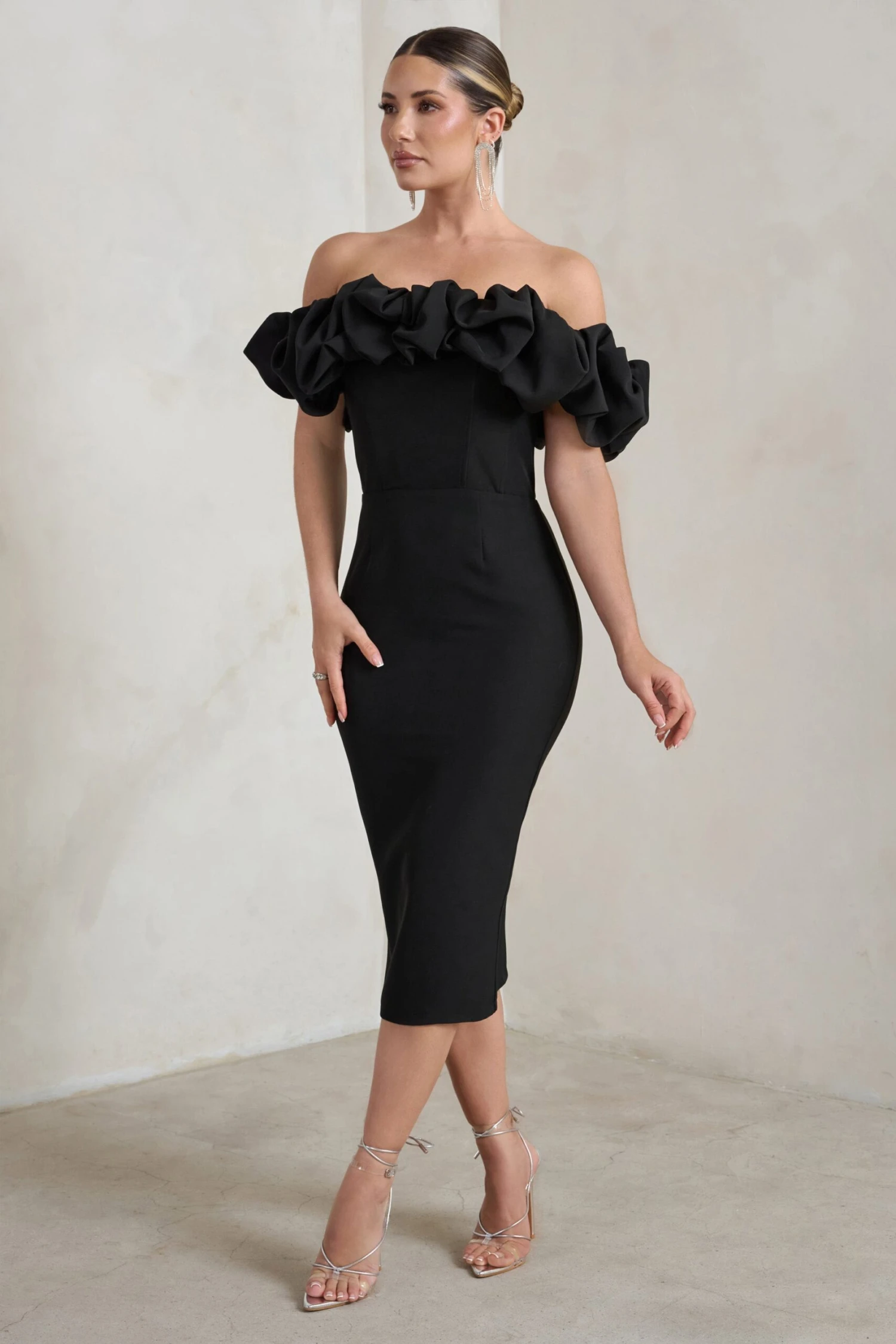 Estie | Black Structured Statement Bardot Midi Dress - Image 5