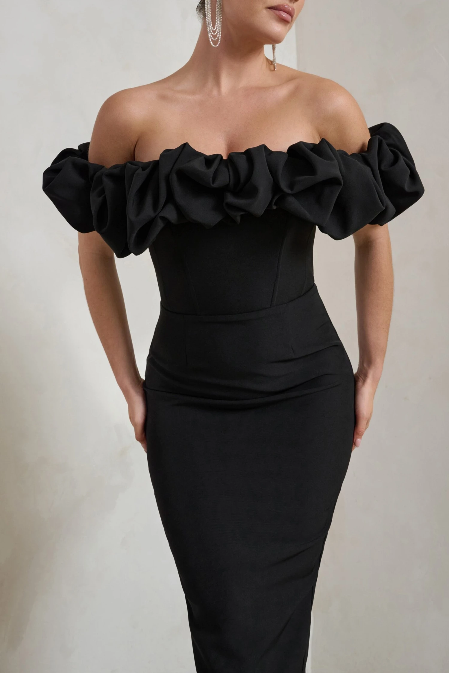 Estie | Black Structured Statement Bardot Midi Dress - Image 3