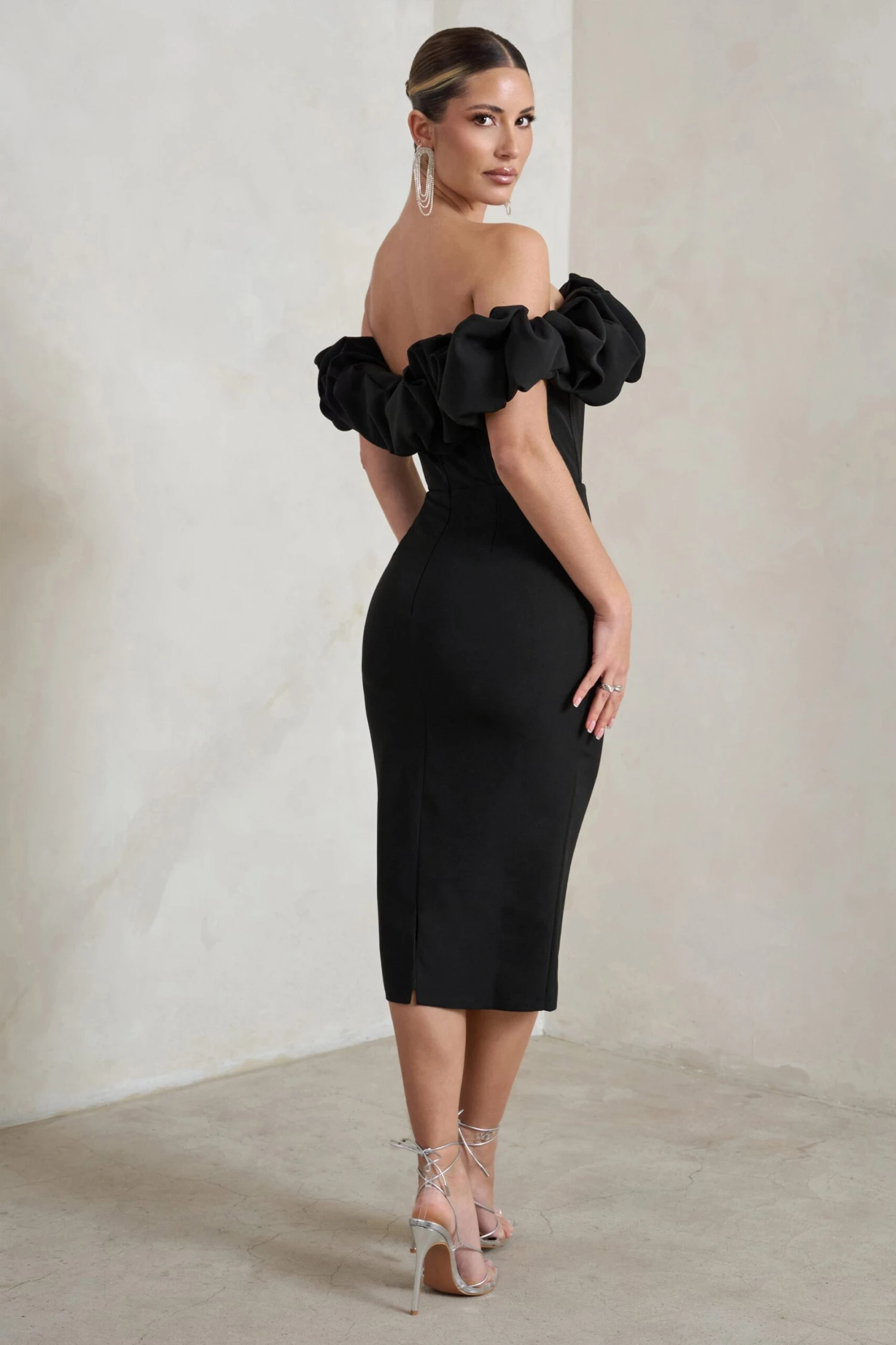 Estie | Black Structured Statement Bardot Midi Dress - Image 2
