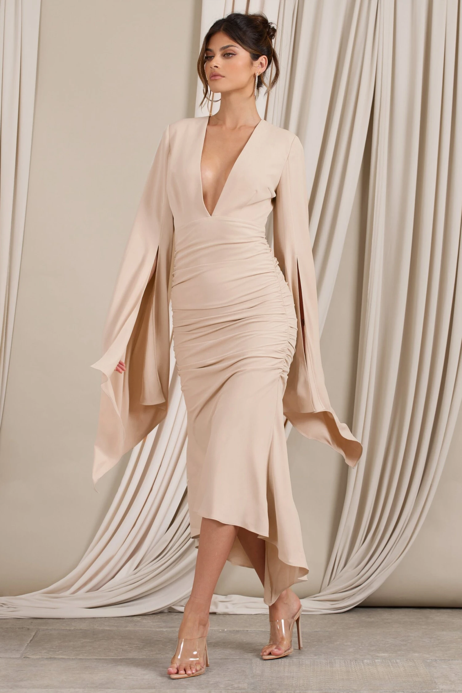 Calla | Champagne Ruched Long-Sleeved Flared Midi Dress - Image 5
