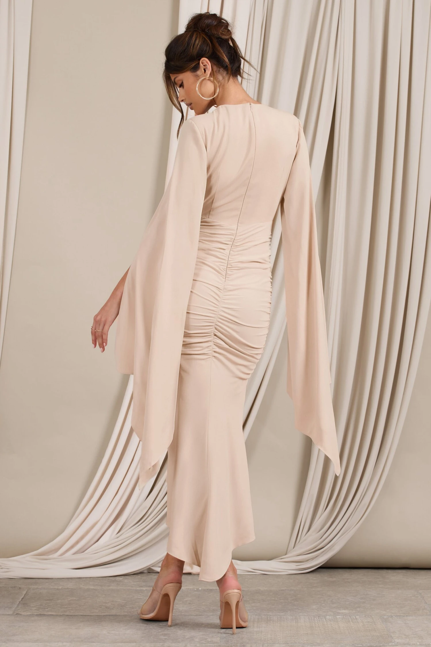 Calla | Champagne Ruched Long-Sleeved Flared Midi Dress - Image 2