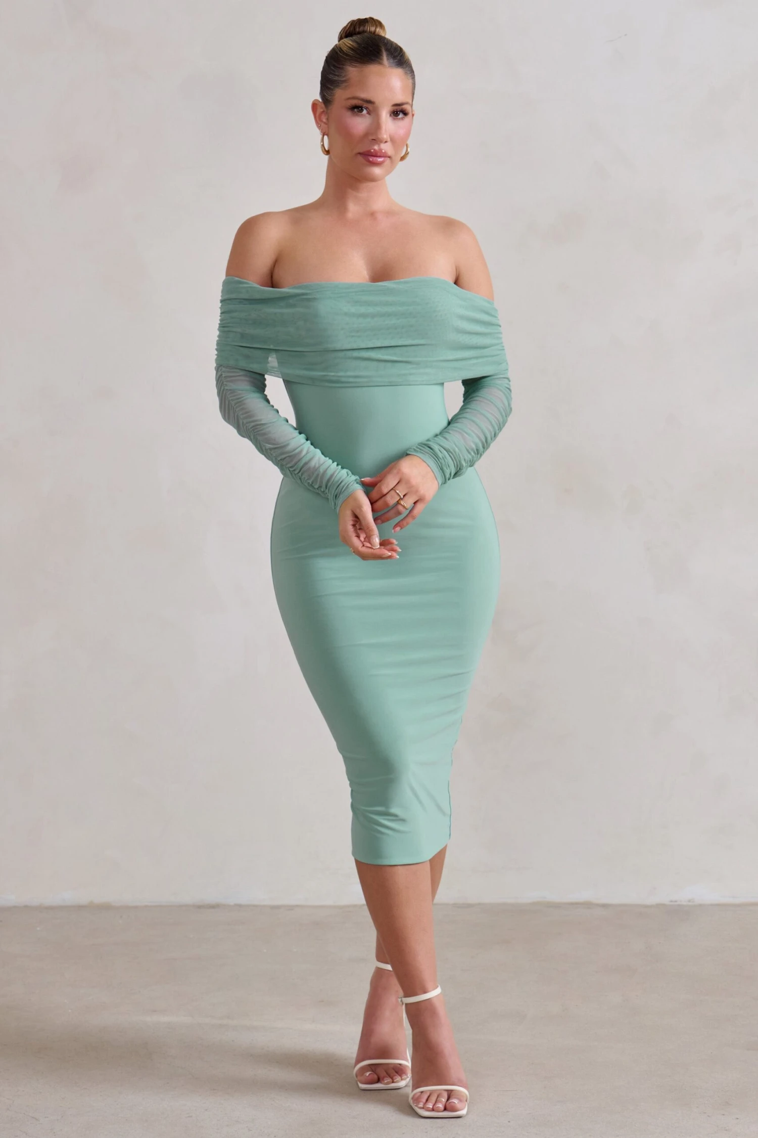 Only You | Sage Ruched Mesh Bardot Midi Dress - Image 4