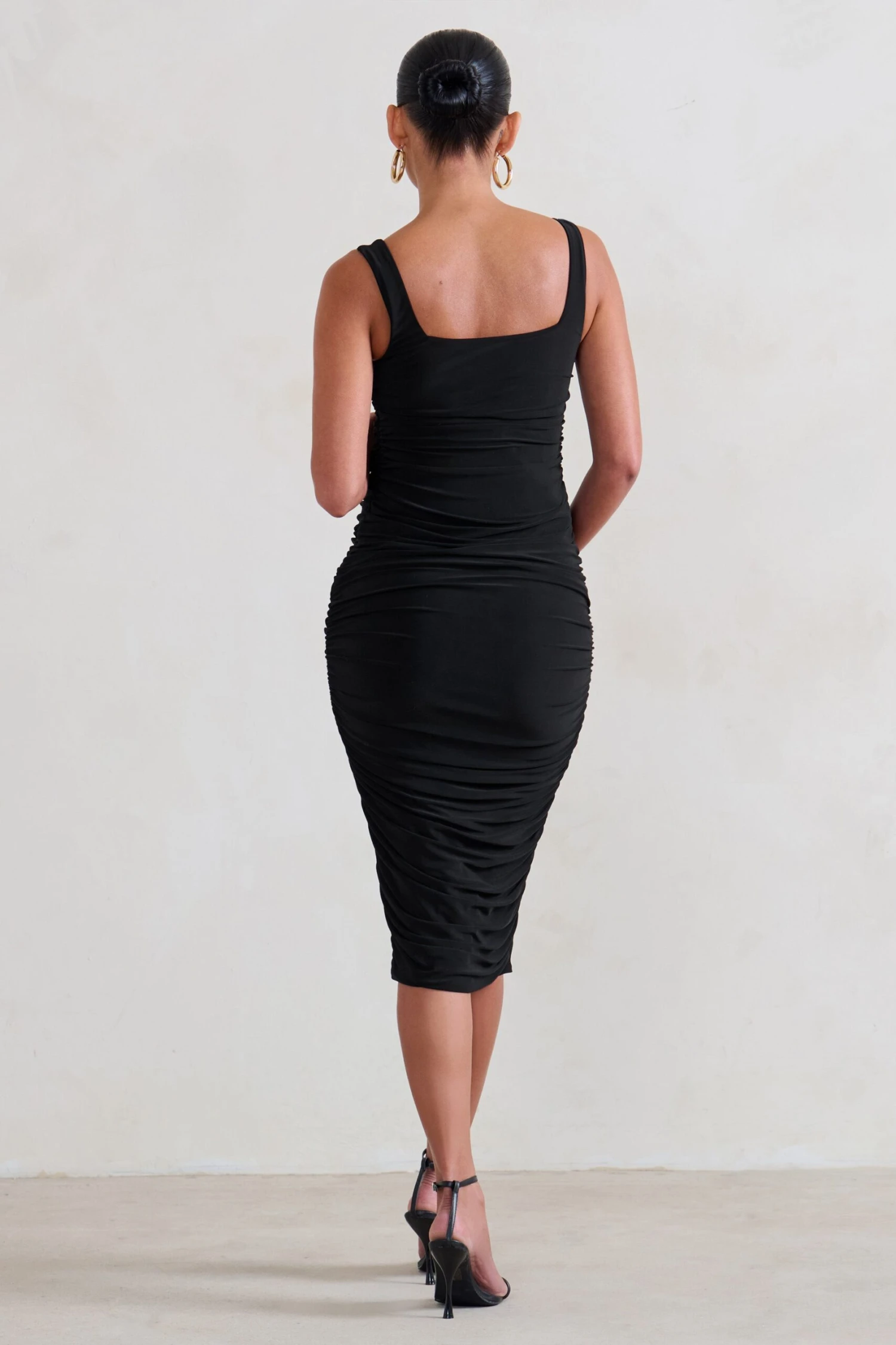 Lisbon | Black Maternity Square Neck Ruched Midi Dress - Image 2