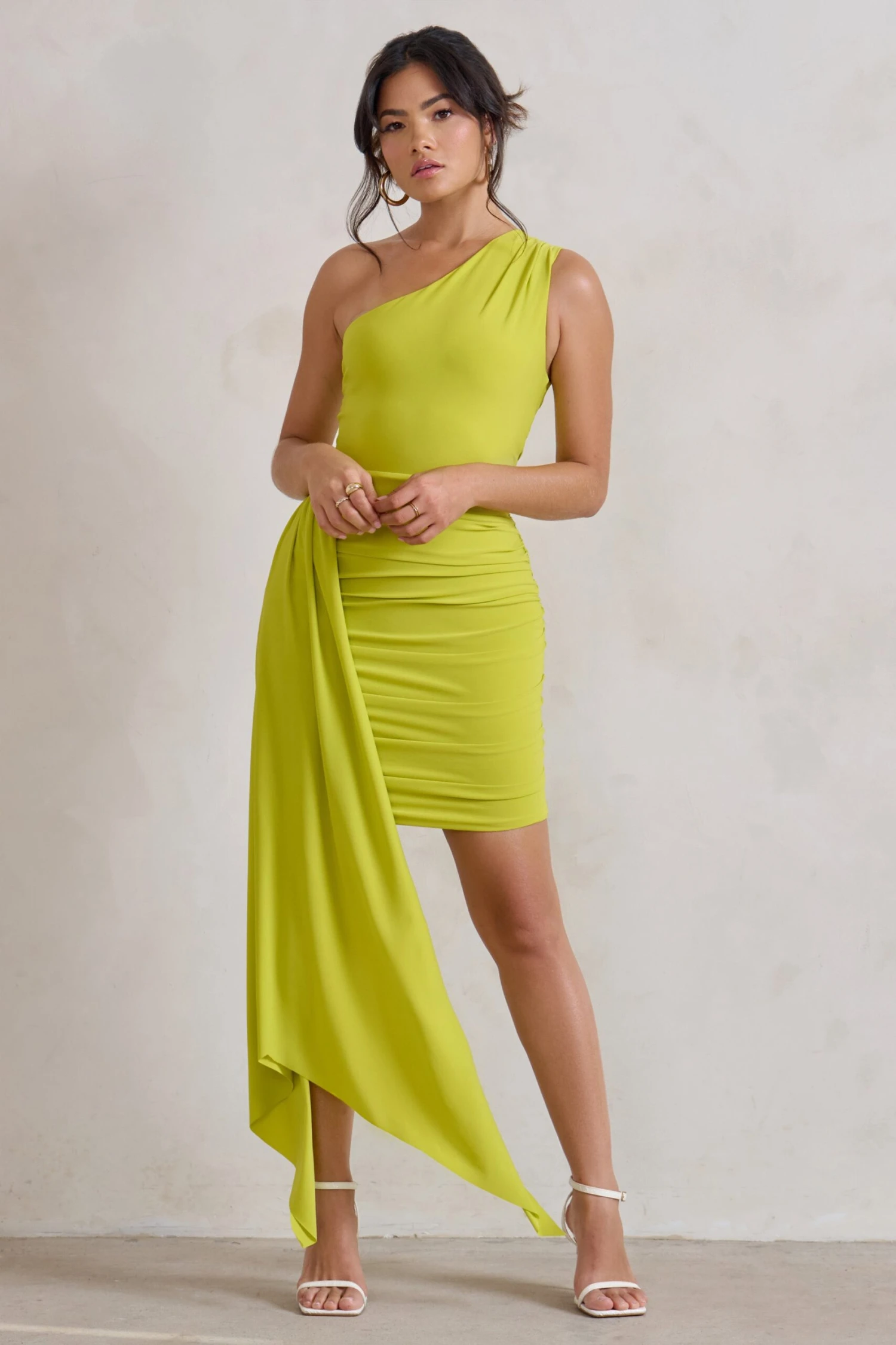 Charlie | Lime Green One Shoulder Ruched Mini Dress With Statement Drape - Image 4