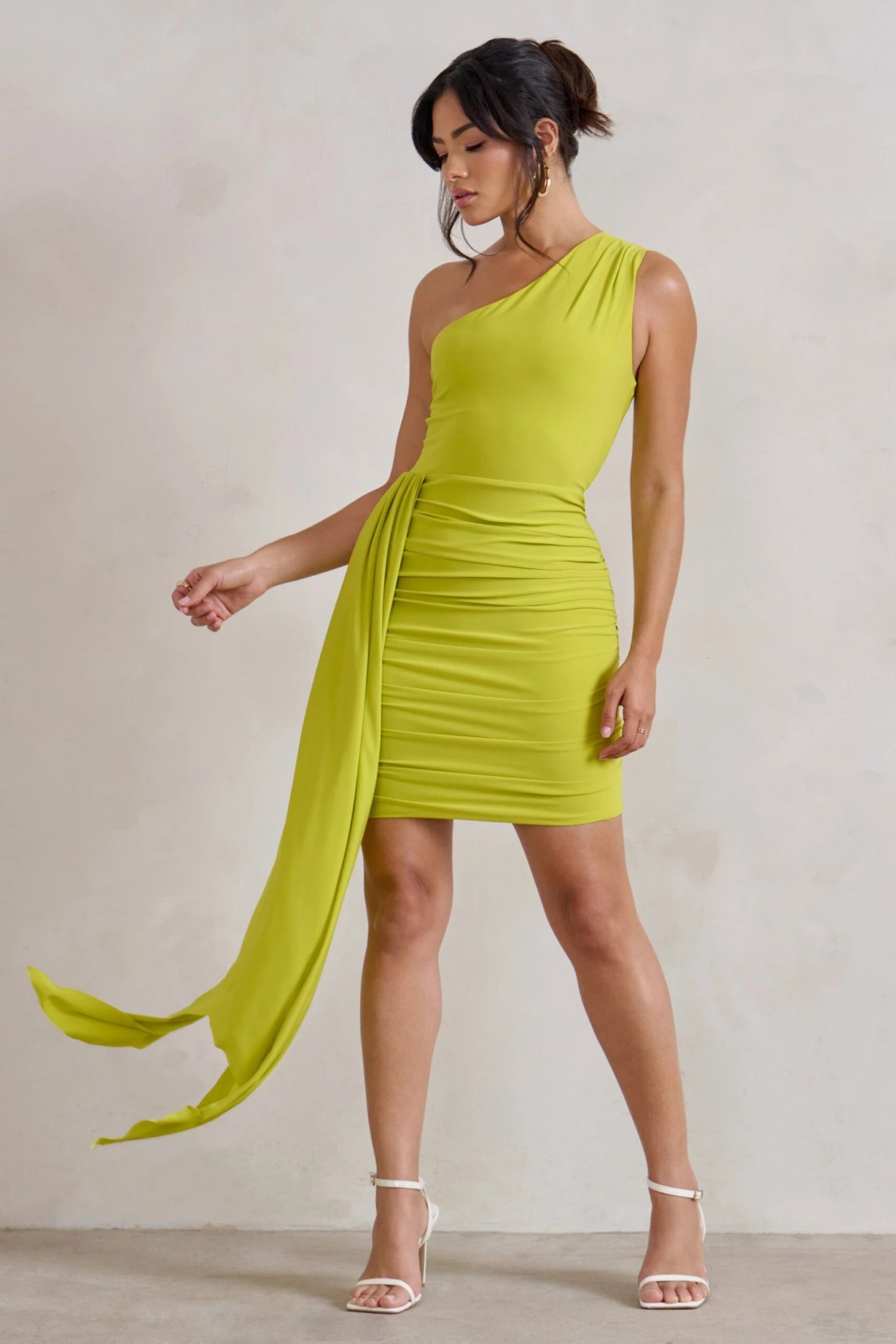 Charlie | Lime Green One Shoulder Ruched Mini Dress With Statement Drape - Image 5