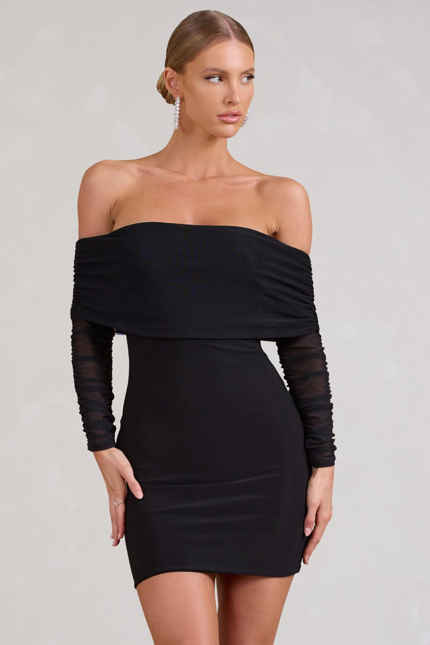 Minnie | Black Ruched Mesh Bardot Bodycon Mini Dress - Image 4
