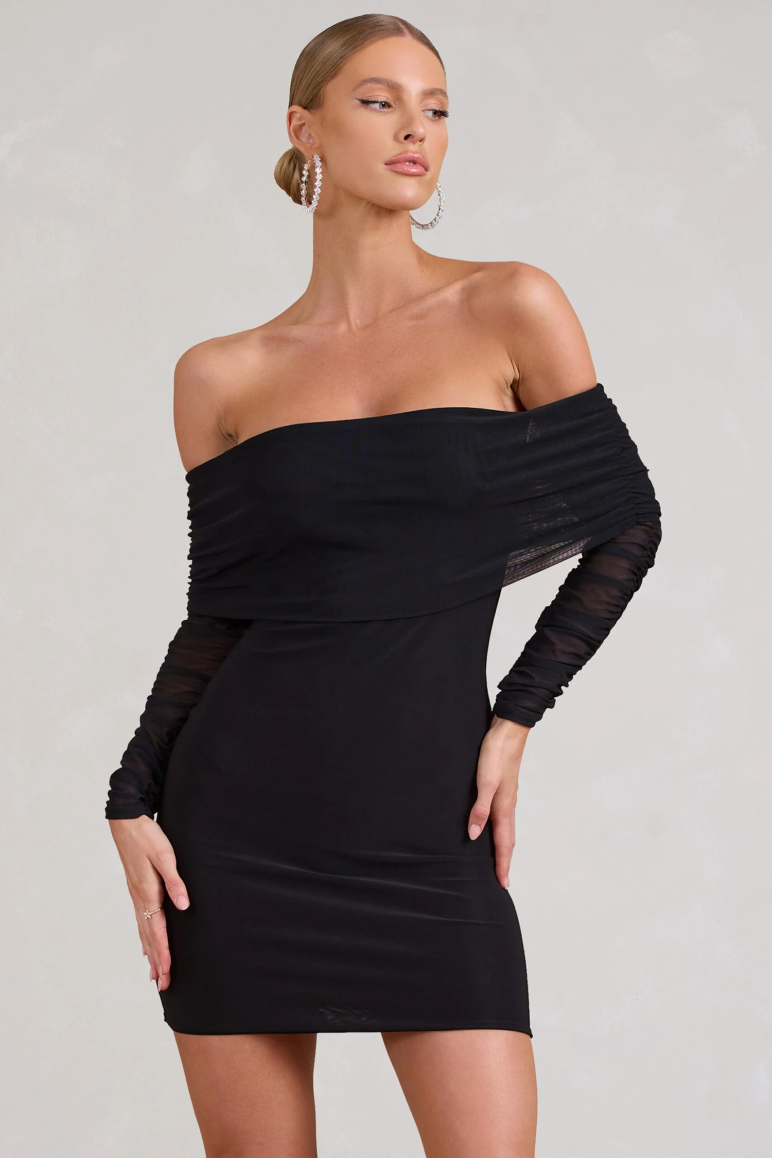 Minnie | Black Ruched Mesh Bardot Bodycon Mini Dress - Image 5