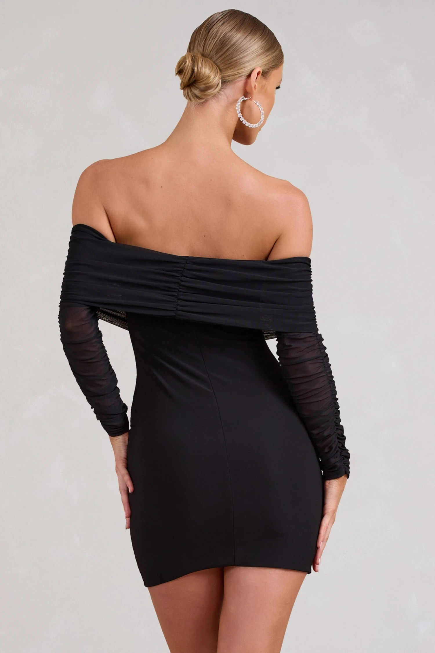 Minnie | Black Ruched Mesh Bardot Bodycon Mini Dress - Image 2