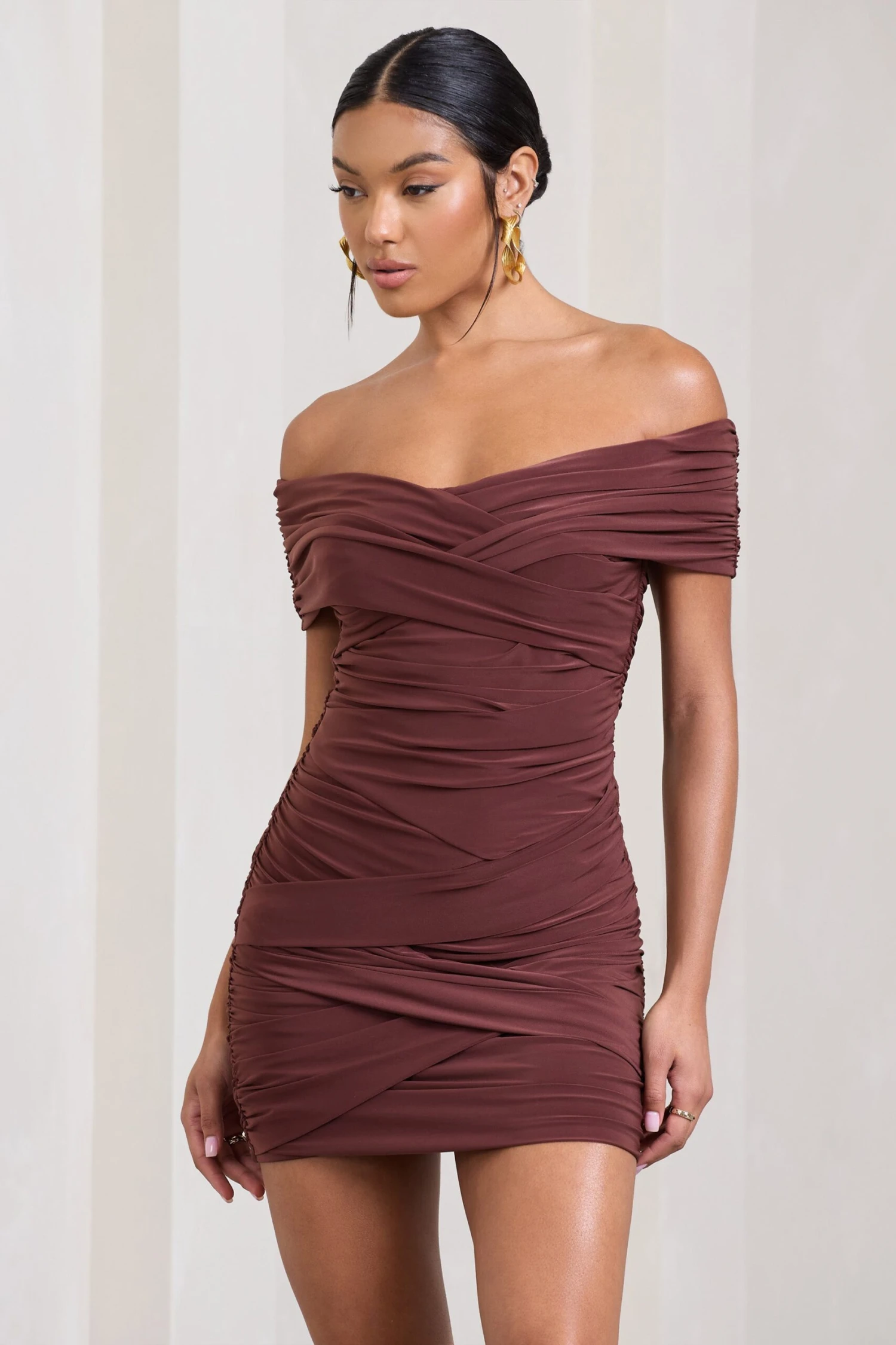 High Ground | Chocolate Brown Twisted Wrap Bardot Mini Dress - Image 4