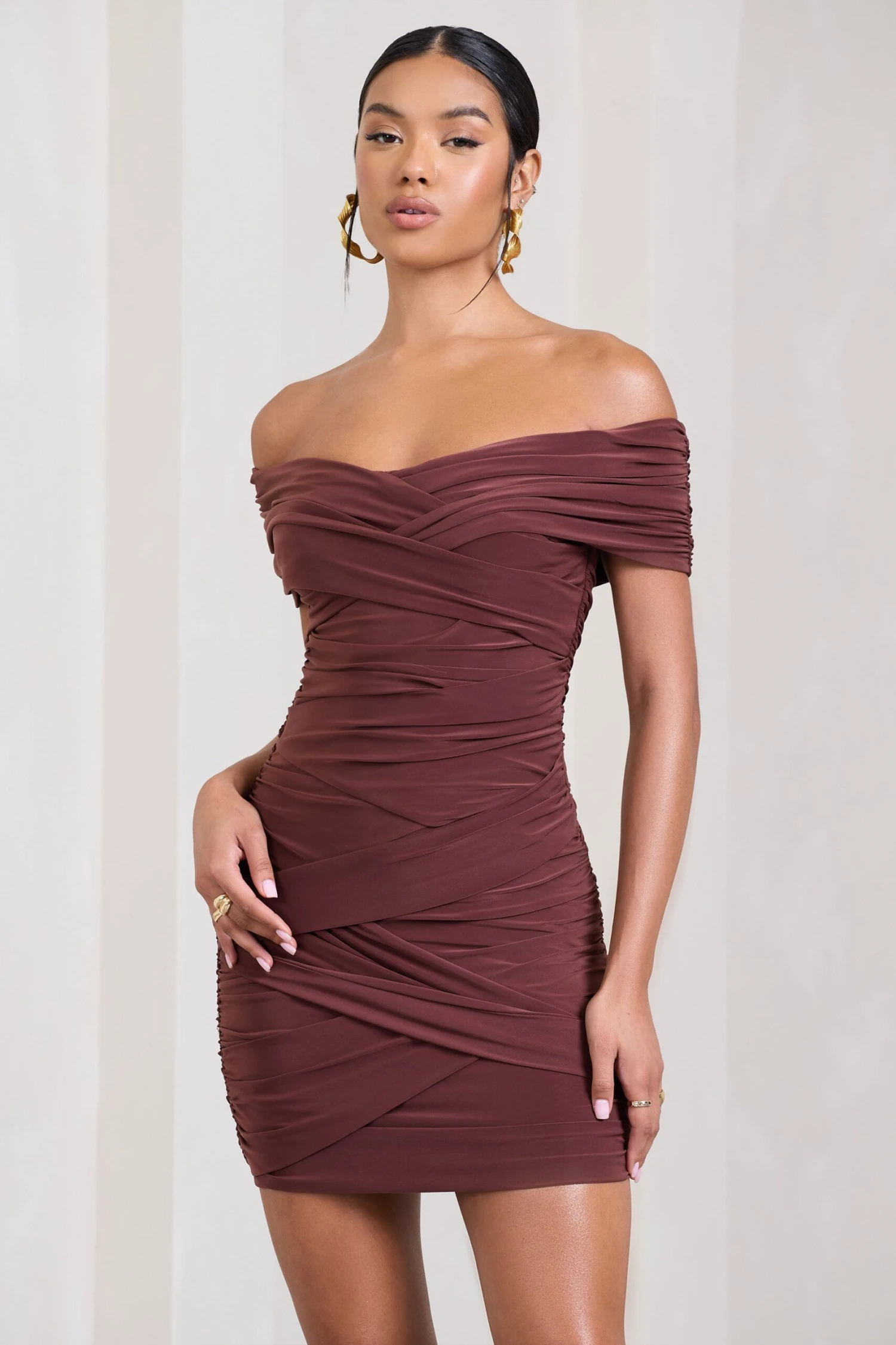 High Ground | Chocolate Brown Twisted Wrap Bardot Mini Dress - Image 5