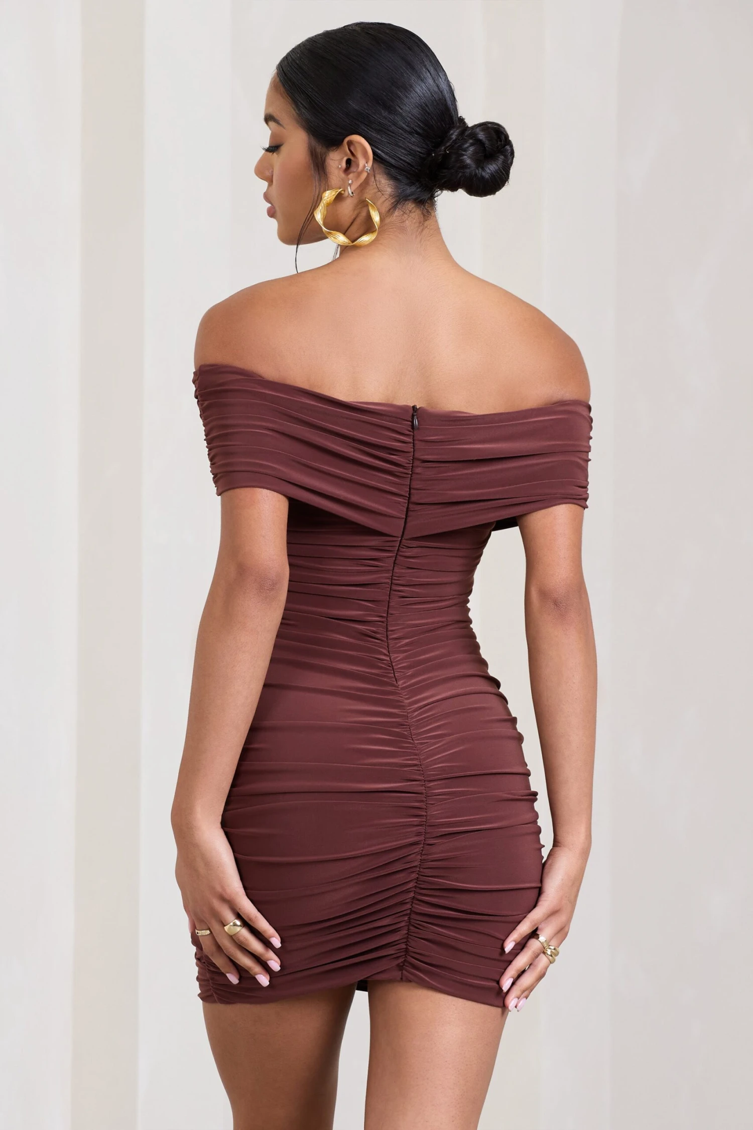 High Ground | Chocolate Brown Twisted Wrap Bardot Mini Dress - Image 2