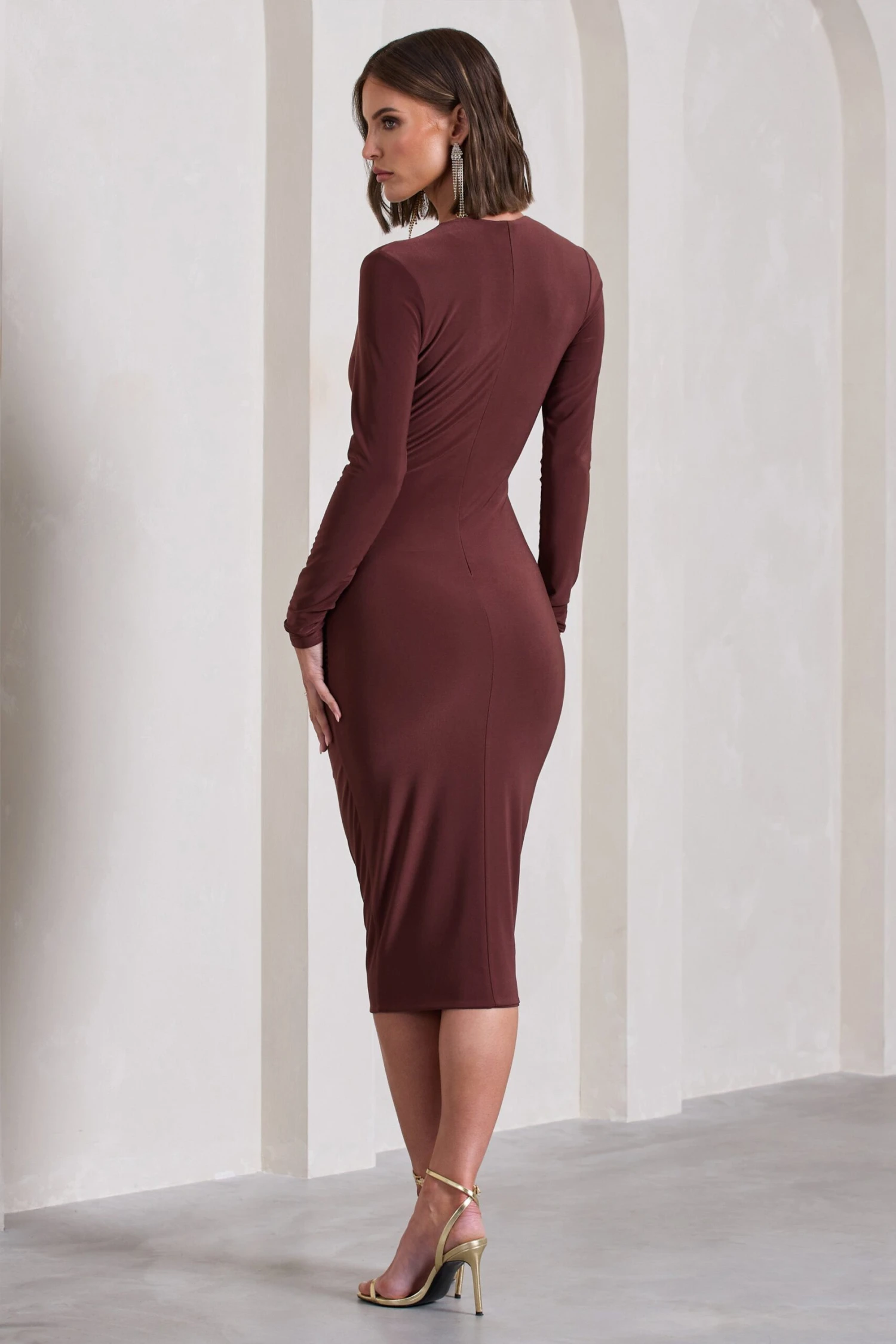 Marcia | Chocolate Brown Bodycon Plunge-Neck Midi Dress - Image 2