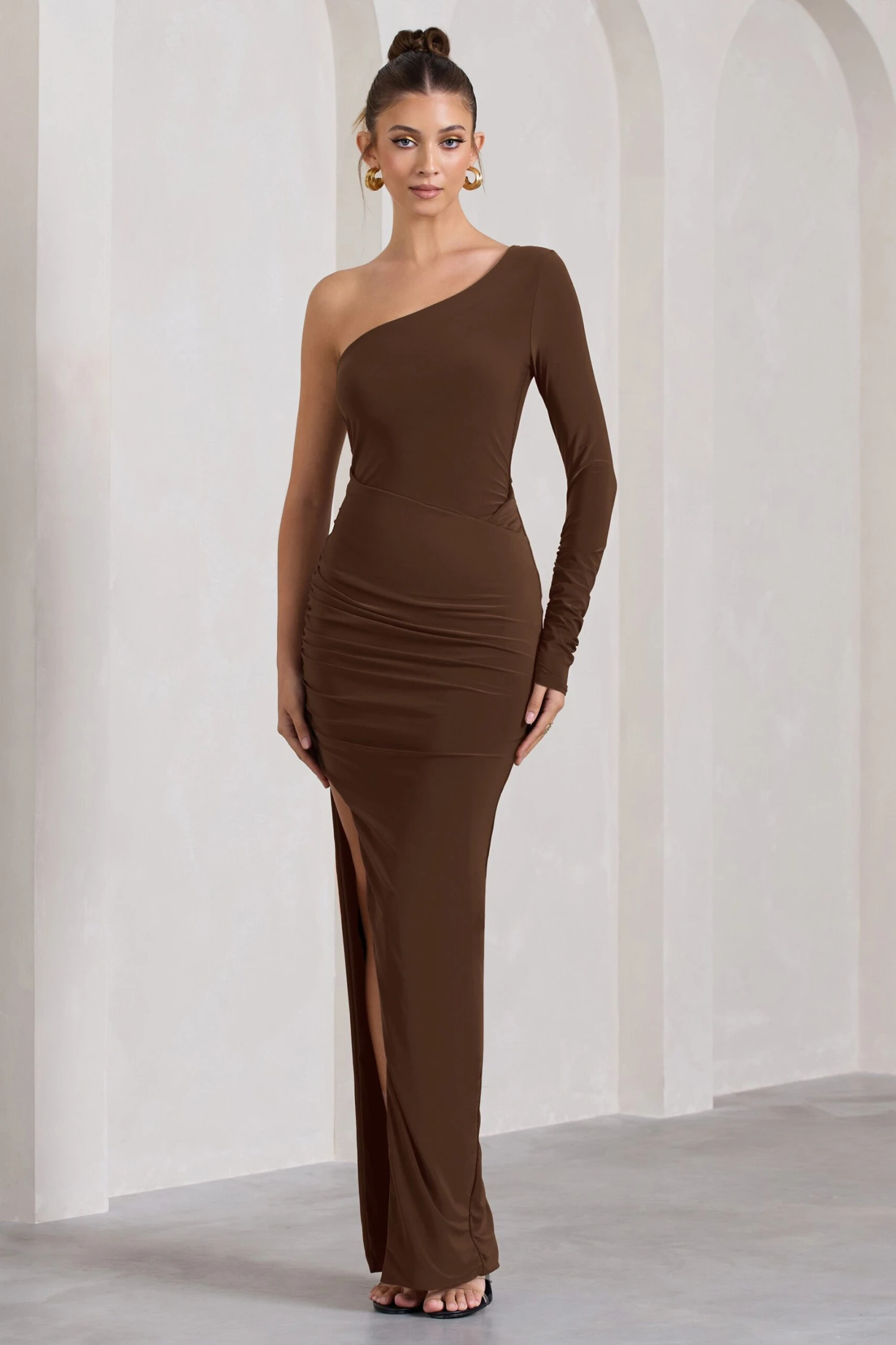 Mallory | Chocolate Brown Asymmetric Split Maxi Dress - Image 4