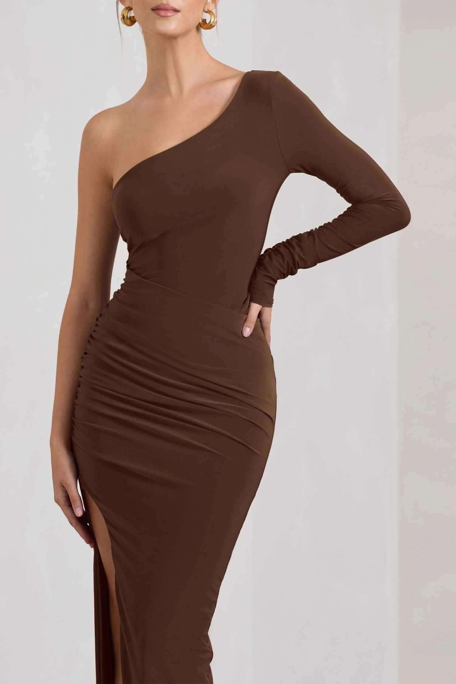 Mallory | Chocolate Brown Asymmetric Split Maxi Dress - Image 3