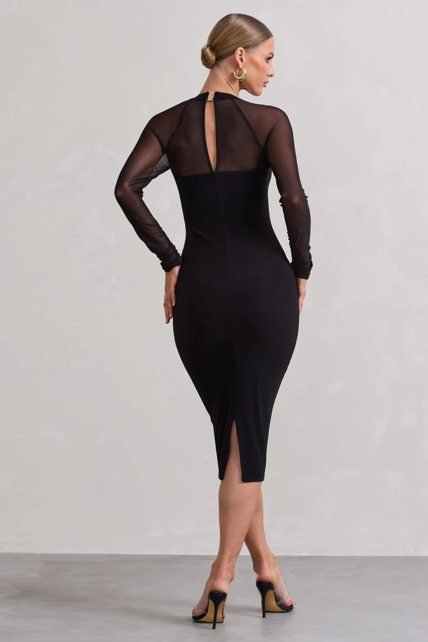 Off Track | Black Bodycon Midi Dress With Sheer Sleeves - Image 2
